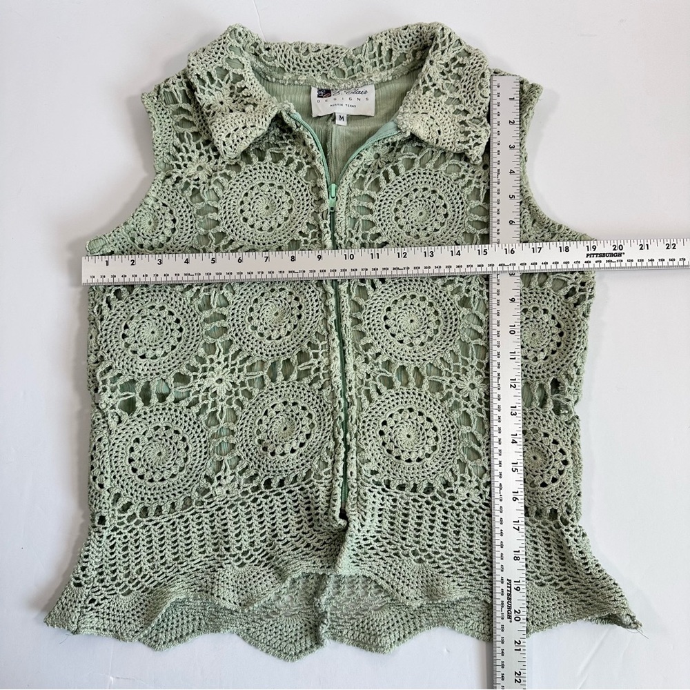 Vintage E Clair Designs Green Crochet Vest Zip Front M USA Made Boho Cottagecore - Picture 6 of 6